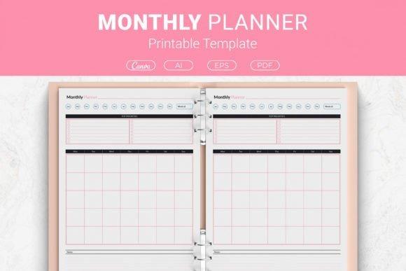 monthly planner template with calendar grid, daily notes, and priority sections for focused monthly planning