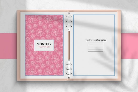 monthly planner template printable with pink floral cover and personalized page inside binder