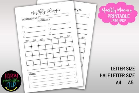 monthly planner template printable in multiple sizes including Letter, Half Letter, A4, and A5 with sections for main goals