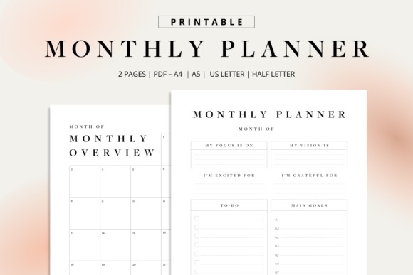 monthly planner template printable showing monthly overview and goal planning sections in clean layout