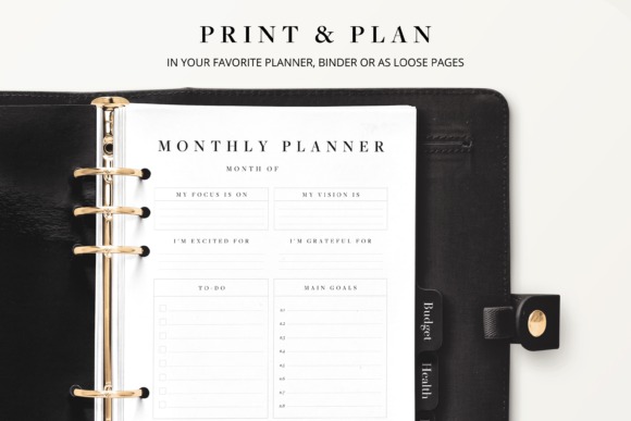 monthly planner template printable showing sections for focus, vision, to-do, and main goals in a binder