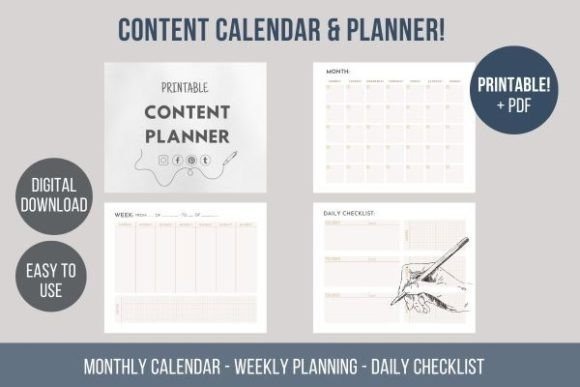 Printable monthly planner showing content calendar, weekly planning, and daily checklist in a digital and printable PDF