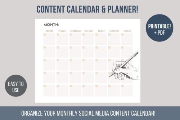 Printable monthly planner calendar template with blank days and a hand holding a pen for content scheduling