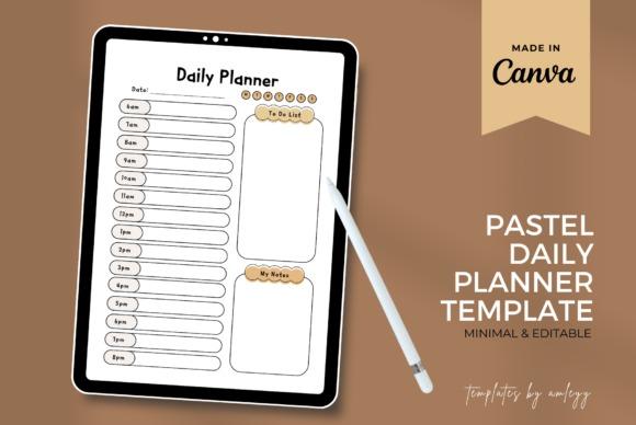 daily planner template on tablet with time slots, to-do list, and notes sections in pastel design
