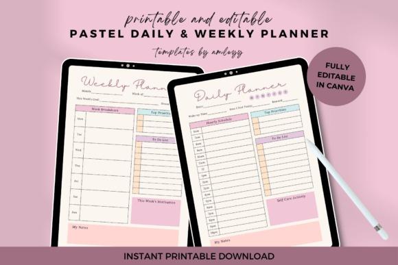 Pastel daily and weekly planner template displayed on tablets with editable sections and soft pink design