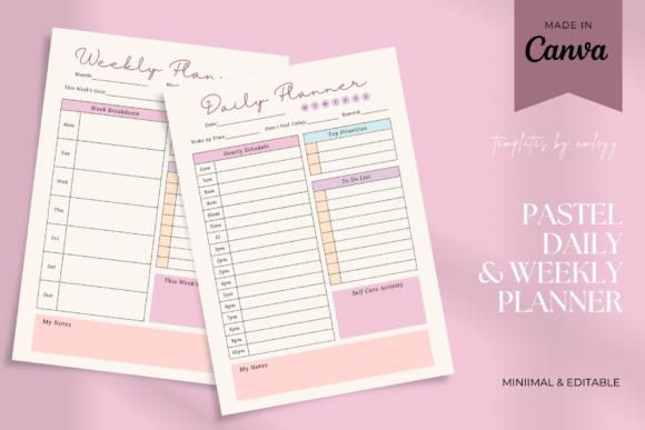 Weekly planner template with pastel colors showing daily and weekly planning pages including time slots and notes sections