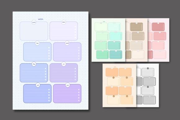 Printable weekly planner template with gradient pastel colors, weekday sections, completion checkboxes, and notes area