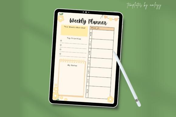 printable weekly planner template with sections for main goal, top priorities, notes, and weekly schedule on tablet screen