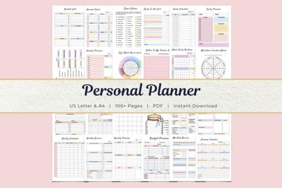 Minimal planner template showing 12 layouts for personal organization including budget, annual goals, daily schedules, and