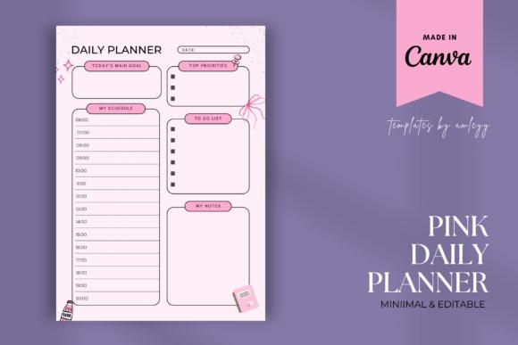 Pink daily planner template with schedule, to-do list, notes, and priorities sections in a soft pink aesthetic