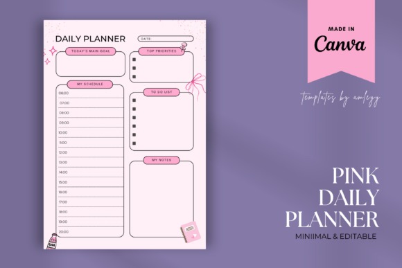 Cute planner template designs featuring a pink daily planner layout with schedule, priorities, to-do list, and notes sections