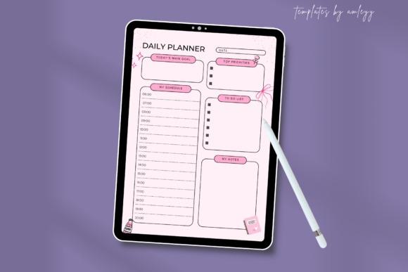 Pink daily planner template on a tablet with sections for schedule, top priorities, to-do list, and notes in a feminine