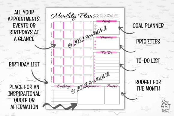 cute planner template designs pink monthly calendar with goal planner, priorities, to-do list, budget, and birthday list