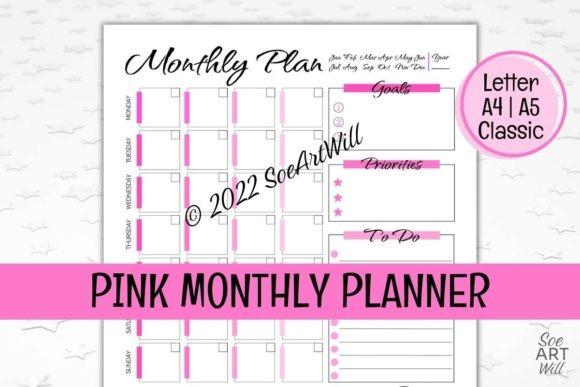 cute planner template designs pink monthly planner with calendar grid, goals, priorities, and to-do sections in four shades