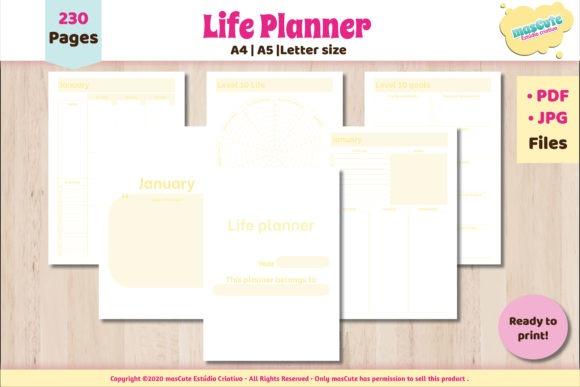 monthly planner template with multiple pages including January calendar, goal setting, and life planner overview in A5 size