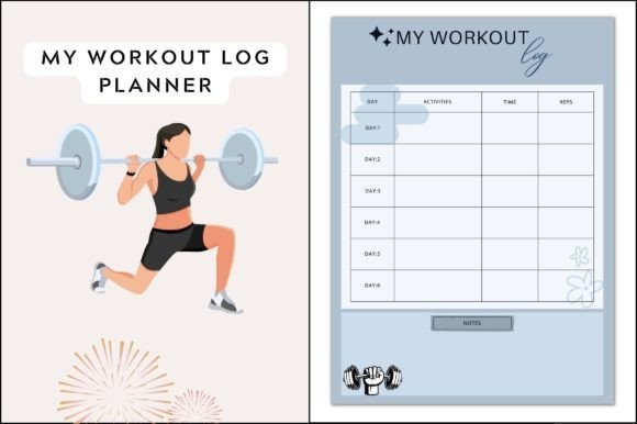 Workout planner template showing a woman lifting a barbell and a printable workout log with days, activities, time, reps
