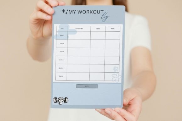 workout planner template with days, activities, time, reps columns in blue design
