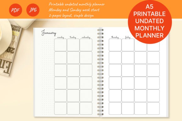 A5 printable undated monthly planner template printable with two-page layout and Monday and Sunday week start options