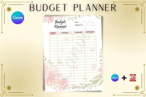 Editable budget planner template with date, expense, amount, and category columns, floral design, suitable for monthly money