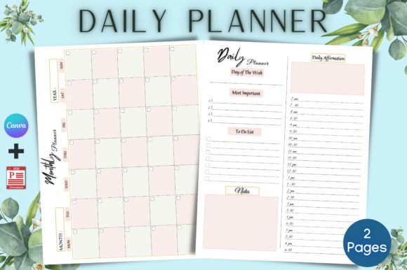 day planner templates showing monthly calendar and daily schedule pages with time slots and notes sections