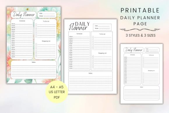 Printable daily planner template with block schedule, to-do list, shopping list, water tracker, and notes in floral and