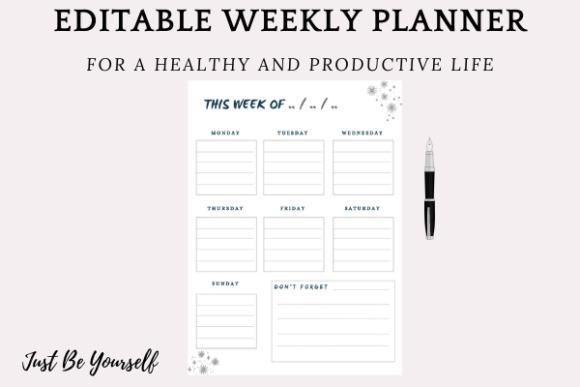 Printable weekly planner template with editable weekly schedule boxes and notes section for healthy productive life