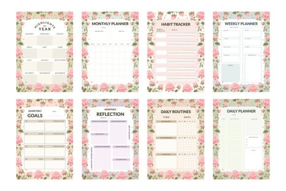 Cute planner template designs with pastel garden rose borders including monthly, weekly, daily, habit tracker, goals
