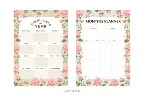 Cute planner template designs with pastel garden rose floral borders showing yearly highlights and monthly planner pages