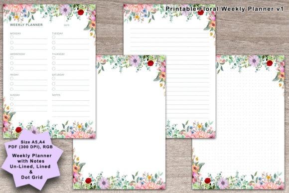 Printable weekly planner template with floral design in dot-grid, lined, and unlined formats for personal planning and