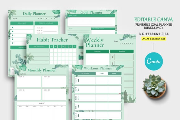 planner template for personal organization with daily, goal, habit, weekly, monthly, and workout planners in green design