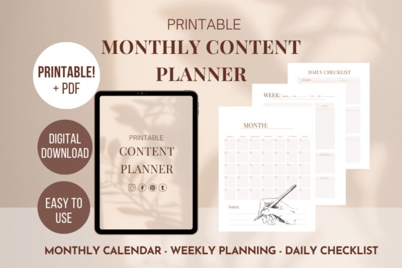 monthly planner template printable showing monthly calendar, weekly planning, and daily checklist pages in PDF format