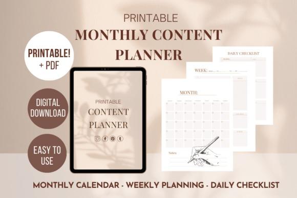 monthly planner template showing printable monthly calendar, weekly planning, and daily checklist pages in fillable PDF