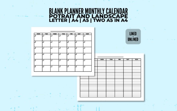 Printable monthly planner templates showing blank calendar grids in portrait and landscape layouts with lined and unlined