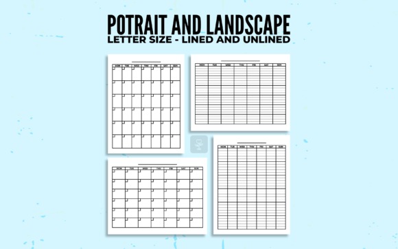 Printable monthly planner templates in portrait and landscape layouts with lined and unlined options for flexible home