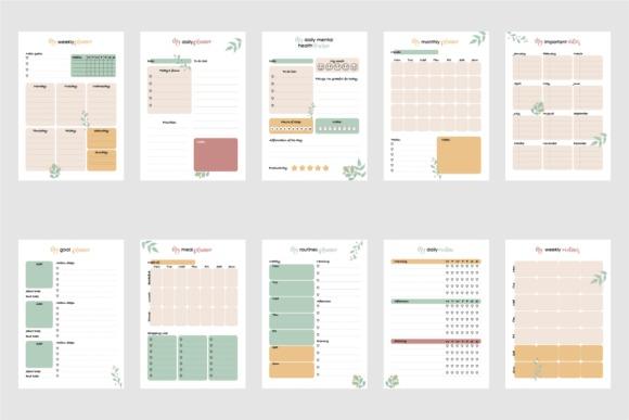 planner templates for organizing showing 10 printable pages with daily, weekly, monthly layouts and goal, meal, habit