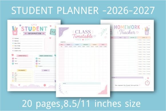 school planner template showing student information, class timetable, and homework tracker pages for 2026-2027