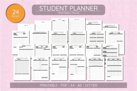 study planner template showing 24 printable pages including semester, course, project, assignment, and weekly planning
