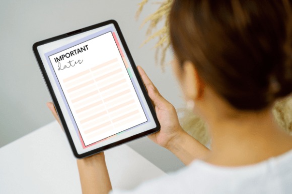 Teacher planner templates displayed on a tablet showing important dates section