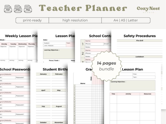 Teacher planner templates showing weekly lesson plan, lesson plan, school contacts, safety procedures, and student birthday