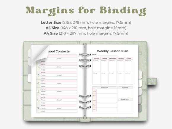 Teacher planner templates open to school contacts and weekly lesson plan pages with margin details for binding
