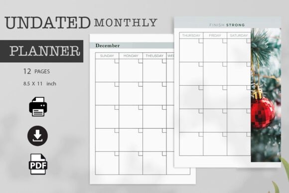 Printable monthly planner with undated minimalist calendar pages in A4 and Letter sizes, featuring spacious boxes for notes