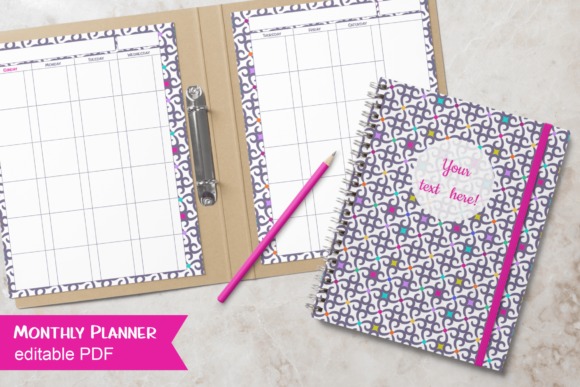 Printable monthly planner with purple patterned undated calendar pages and matching cover with customizable text area