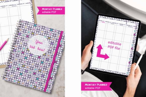 Printable monthly planner with decorative purple pattern and editable PDF format shown on notebook and tablet