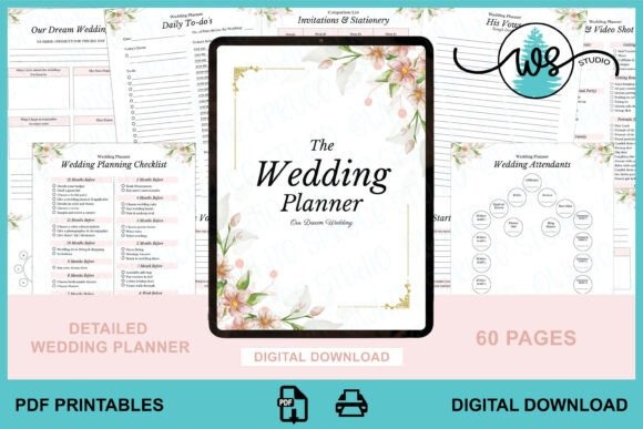 Wedding planner templates showing a detailed 60-page printable wedding planner binder with checklists, guest lists, and