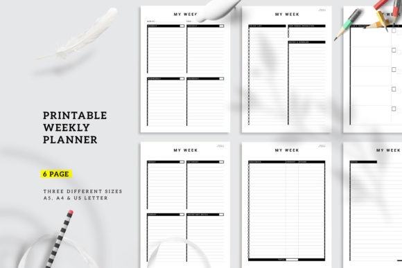 Printable weekly planner template showing six clean layouts in A4, A5, and US Letter sizes for home and school use