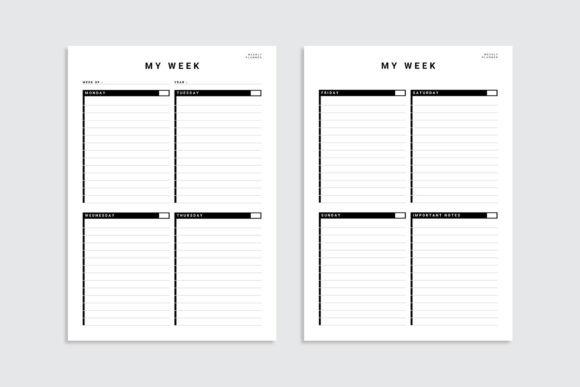 Clean weekly planner template with days of the week and lined sections for notes in A4 size