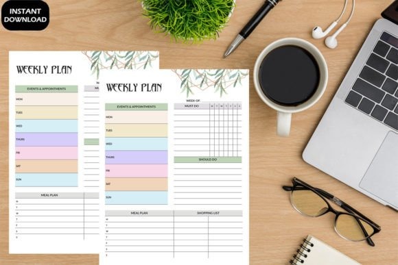Weekly planner template showing events, appointments, meal plan, and task sections on a wooden desk with coffee, glasses