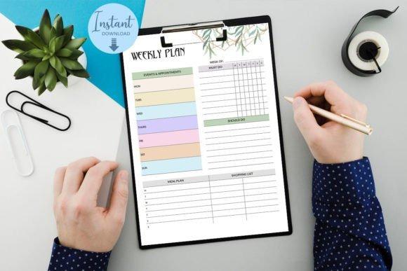 Weekly planner template on clipboard with sections for events, must do, priority, meal plan, and shopping list