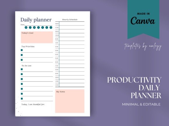 daily planner template with sections for date, today's goal, top priorities, to do list, hourly schedule, and notes