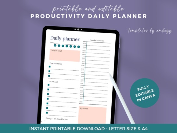 Daily planner template with sections for goals, top priorities, to-do list, hourly schedule, and notes, fully editable in